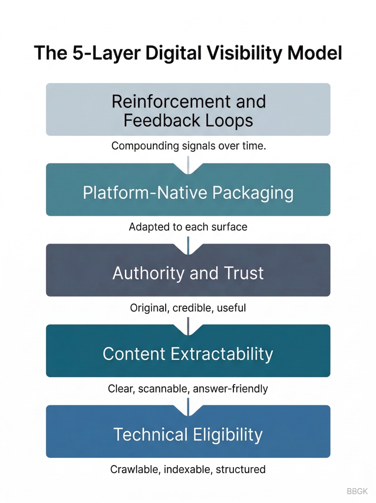 Vertical stacked diagram showing the 5-layer digital visibility model from technical eligibility to reinforcement and feedback loops
