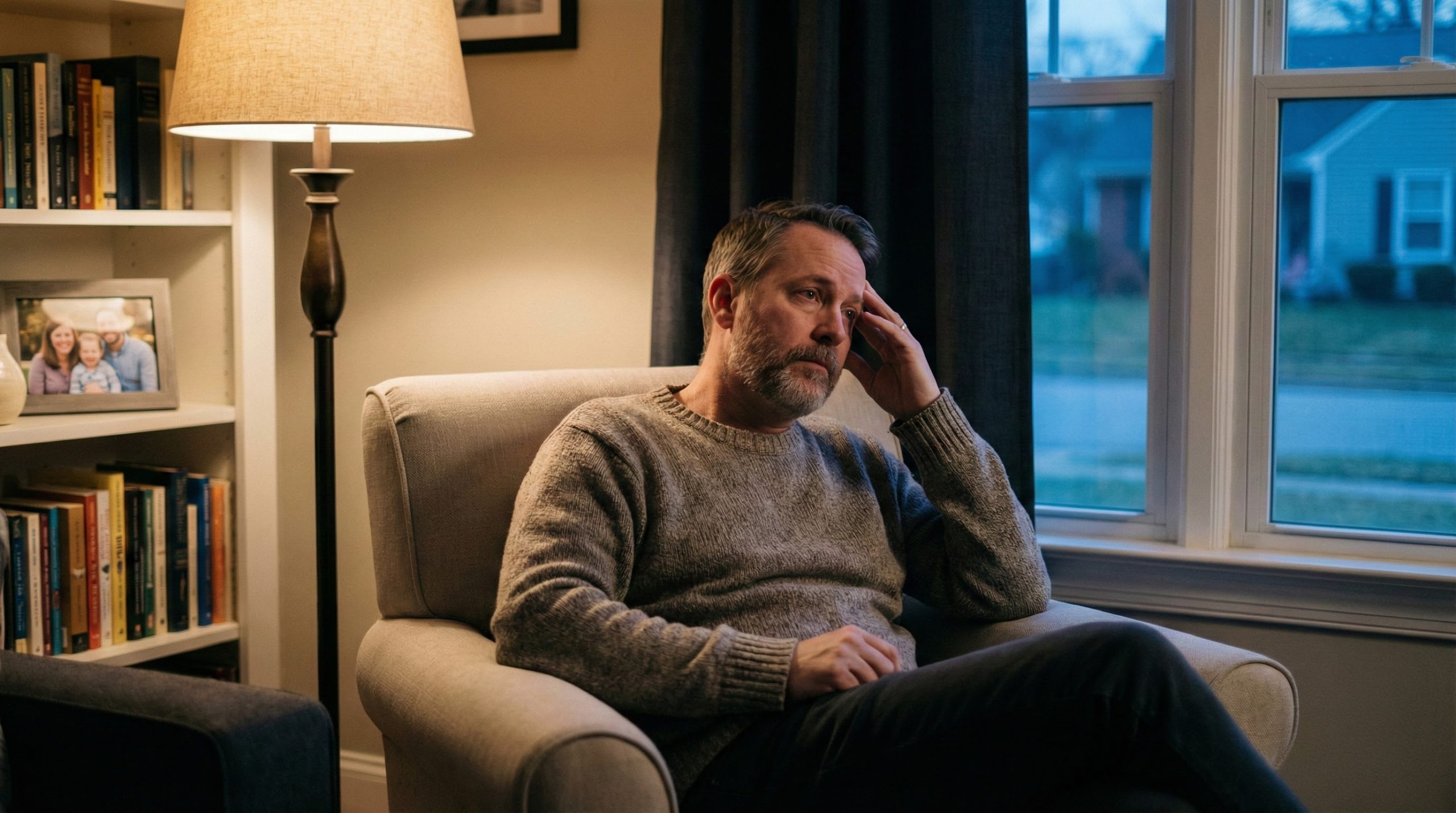 A middle-aged adult sitting quietly at home in the evening, reflecting in a calm, stable environment that conveys cognitive and emotional exhaustion rather than crisis.