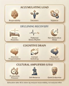 Infographic explaining why exhaustion increases after age 40, showing accumulating responsibility, declining recovery, cognitive drain, and cultural pressure rather than lack of effort.