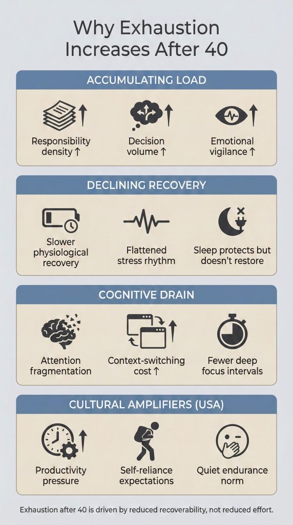Infographic explaining why exhaustion increases after age 40, showing accumulating responsibility load, declining recovery capacity, cognitive drain from attention fragmentation, and cultural pressure in the United States.
