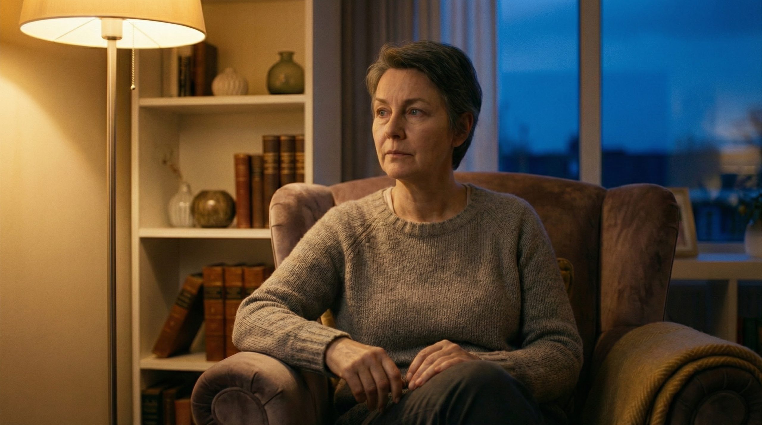 A middle-aged adult sitting quietly at home in the evening, reflecting in a stable environment that conveys cognitive and emotional exhaustion rather than crisis. things to stop demanding from yourself after 40