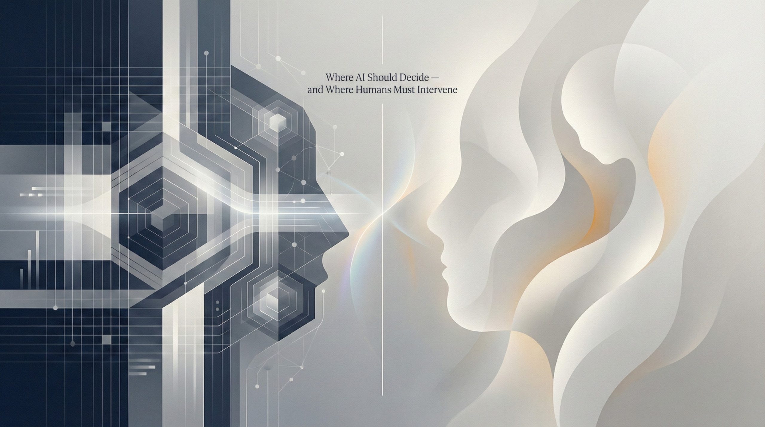 Abstract editorial illustration showing the boundary between artificial intelligence and human judgment: structured geometric grids and data flows on the left represent AI decision systems, while organic flowing forms on the right represent human judgment, values, and ethical responsibility. The image visually conveys where AI should decide and where humans must intervene in decision-making.