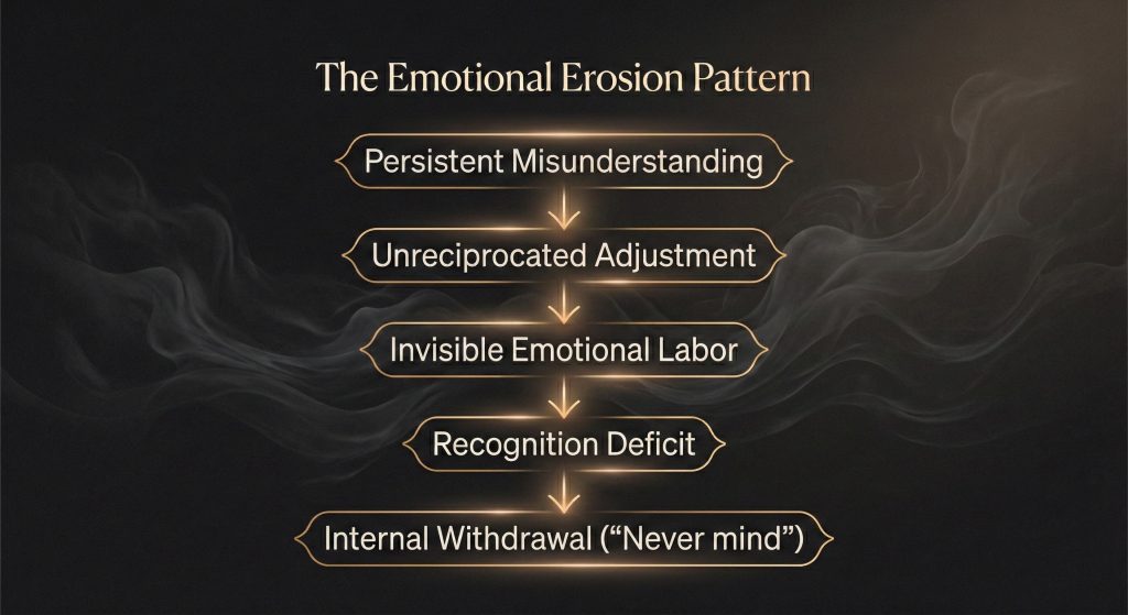Vertical infographic titled “The Emotional Erosion Pattern” illustrating a five-stage progression: Persistent Misunderstanding, Unreciprocated Adjustment, Invisible Emotional Labor, Recognition Deficit, and Internal Withdrawal (“Never mind”), showing how repeated emotional misalignment leads to quiet disengagement.