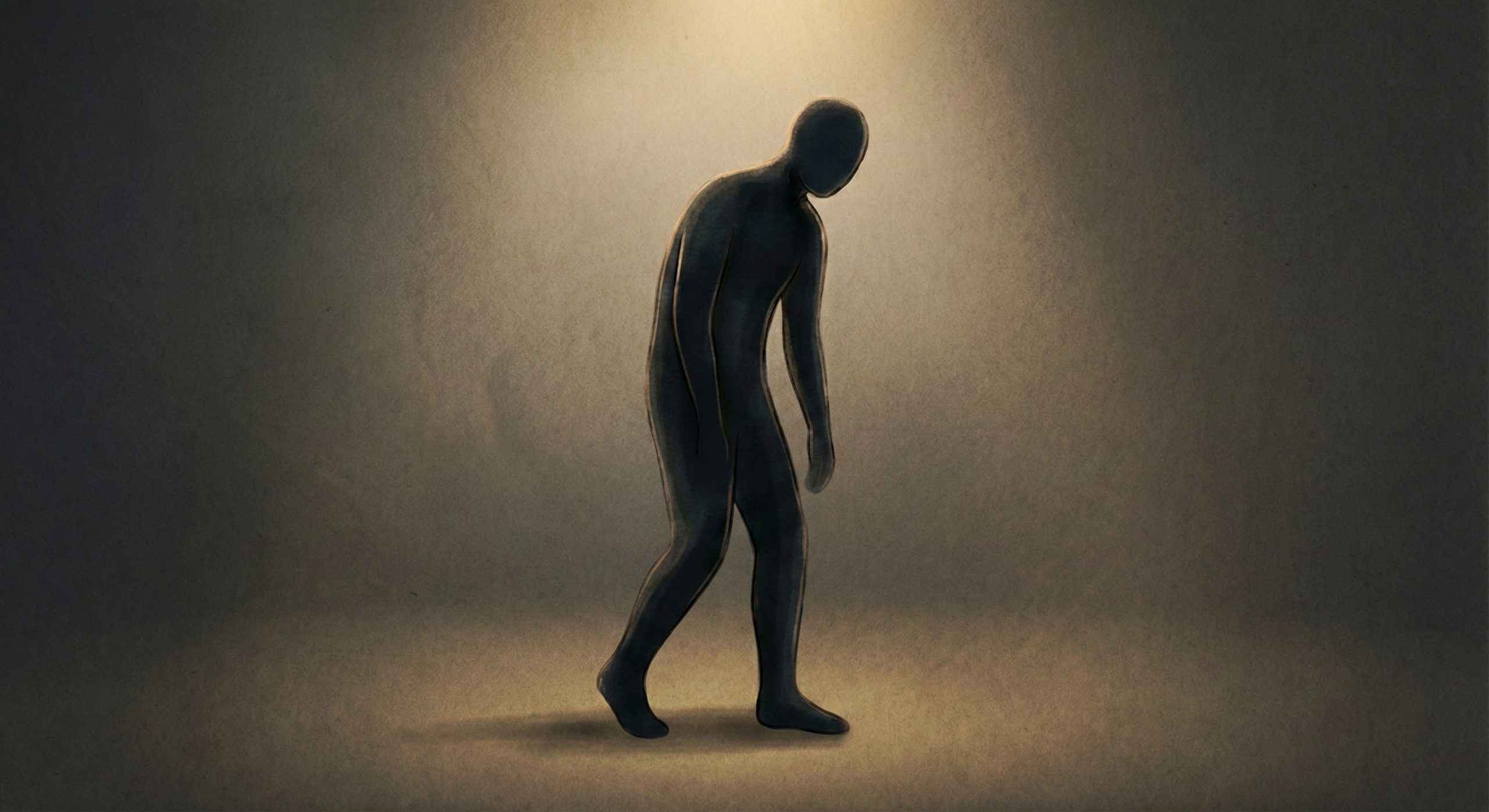 Minimal editorial illustration of a solitary human silhouette leaning forward under invisible emotional weight, set against a dark, muted background, symbolizing quiet psychological exhaustion and emotional erosion rather than physical burnout.