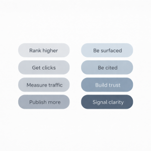 Decision card comparing traditional SEO goals with modern AI visibility and trust-based search outcomes