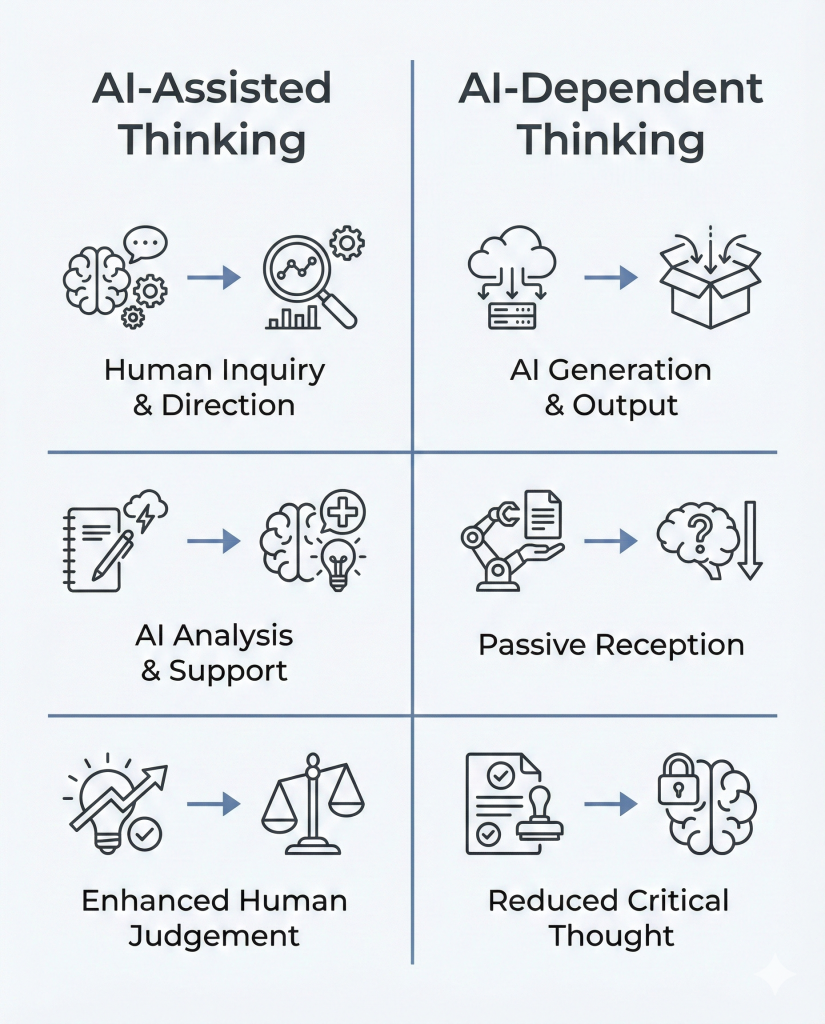 Comparison showing differences between AI-assisted thinking and AI-dependent thinking in judgment, inquiry, and critical thought.