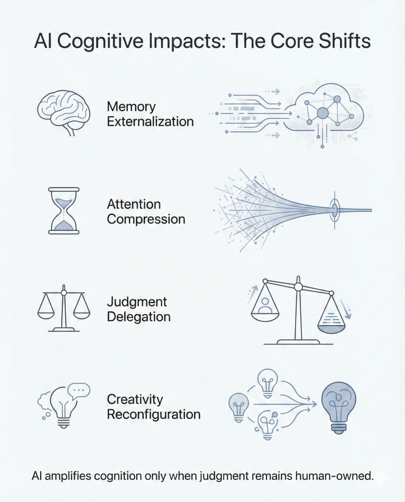 Infographic showing AI cognitive impacts including memory externalization, attention compression, judgment delegation, and creativity reconfiguration.