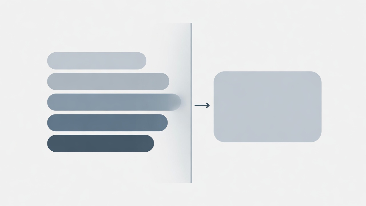 Abstract illustration showing multiple information sources passing through a central filtering layer into a single summarized result - AI visibility SEO