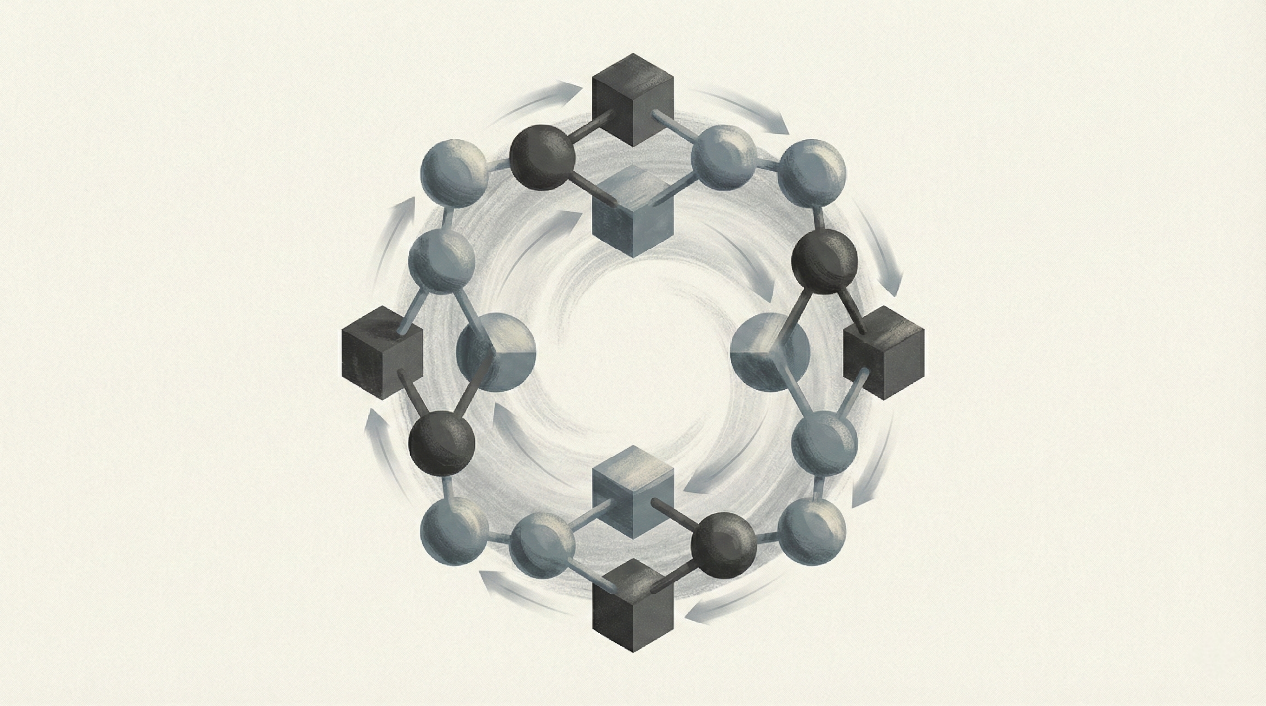 Abstract editorial illustration showing AI systems interacting in a closed, self-reinforcing loop without human presence - AI-only social systems