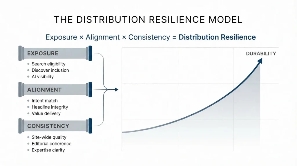Distribution Resilience Model illustrating exposure, alignment, and consistency as drivers of long-term search durability. - Sustained Validation Model