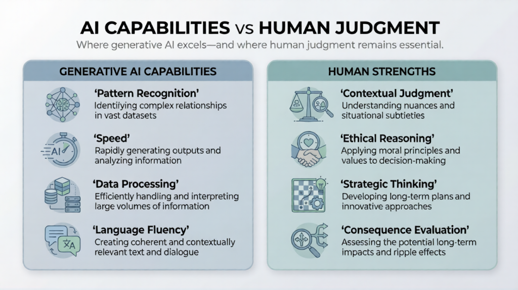 AI capabilities vs human judgment comparison showing generative AI strengths and human decision-making strengths