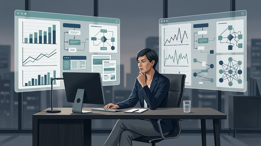 Illustration of a professional evaluating structured AI outputs across adjacent and more distant knowledge domains