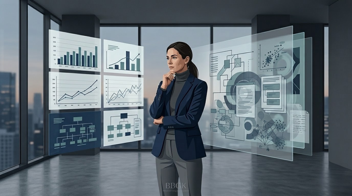 Editorial illustration showing a professional evaluating structured and more ambiguous AI-assisted knowledge outputs - ai-domain-expertise