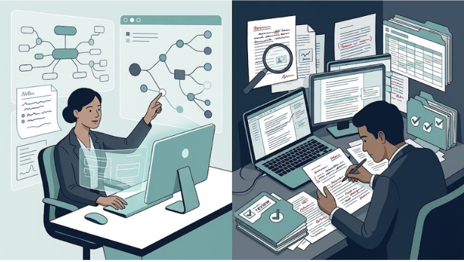 Illustration comparing AI-assisted ideation with more complex human execution, review, and judgment