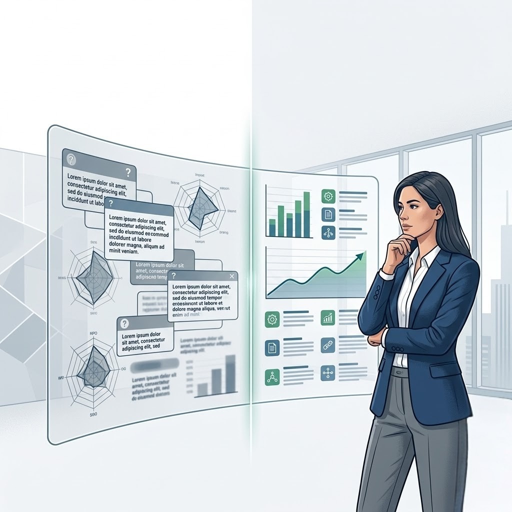 Illustration of a professional comparing ambiguous AI-generated output with more structured information to evaluate fluency versus judgment