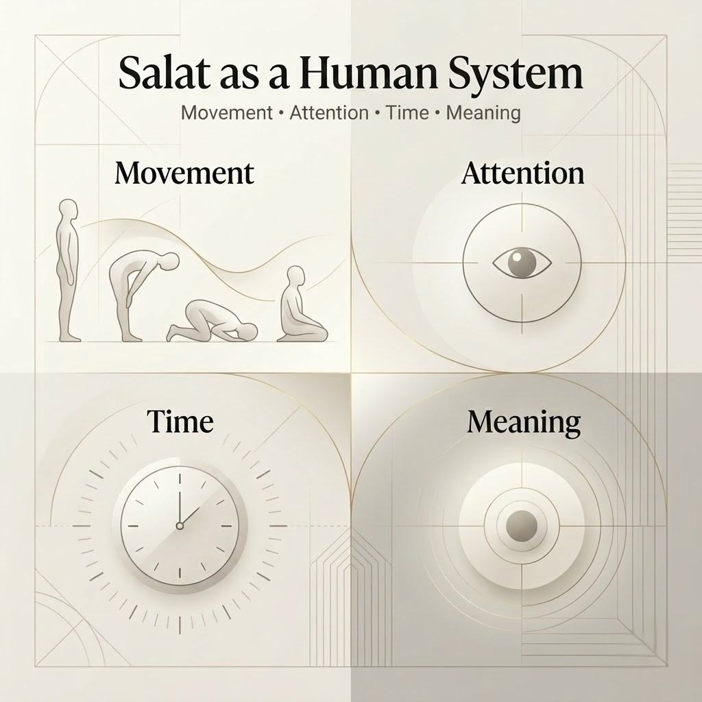 A minimalist editorial framework graphic titled “Salat as a Human System,” showing four connected pillars: Movement, Attention, Time, and Meaning.