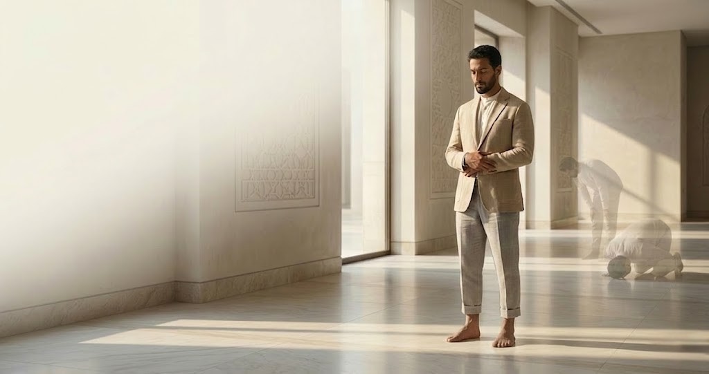 A dignified Muslim man standing in prayer posture in a serene minimalist architectural interior, with soft light and subtle background echoes suggesting rhythm, structure, and inner balance. health benefits of Salat
