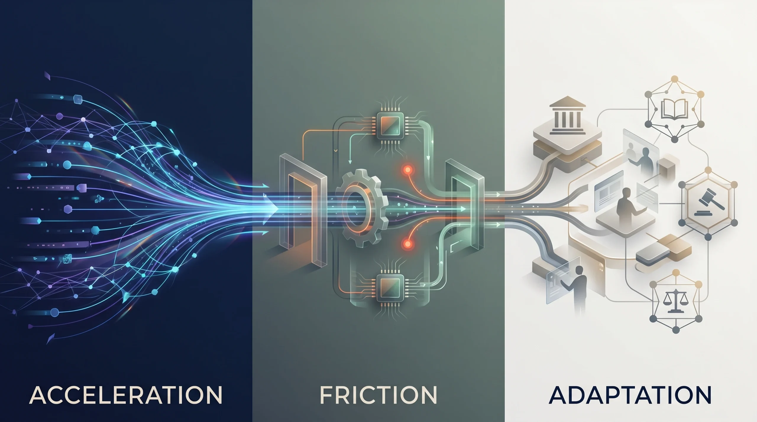Abstract BBGK visual showing AI acceleration, friction points, and human adaptation through connected system layers.